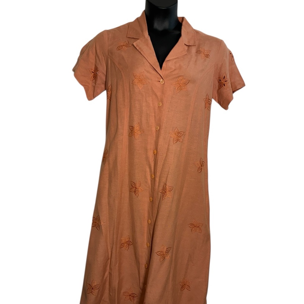 Real Comfort Linen Blend Embroidered Button-Front Shirt Dress